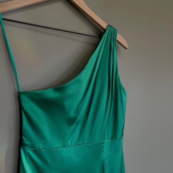 CINQ A SEPT Colina Satin One Shoulder Asymmetric Ruffle Dress Green Size 2 Chic - Picture 5 of 16